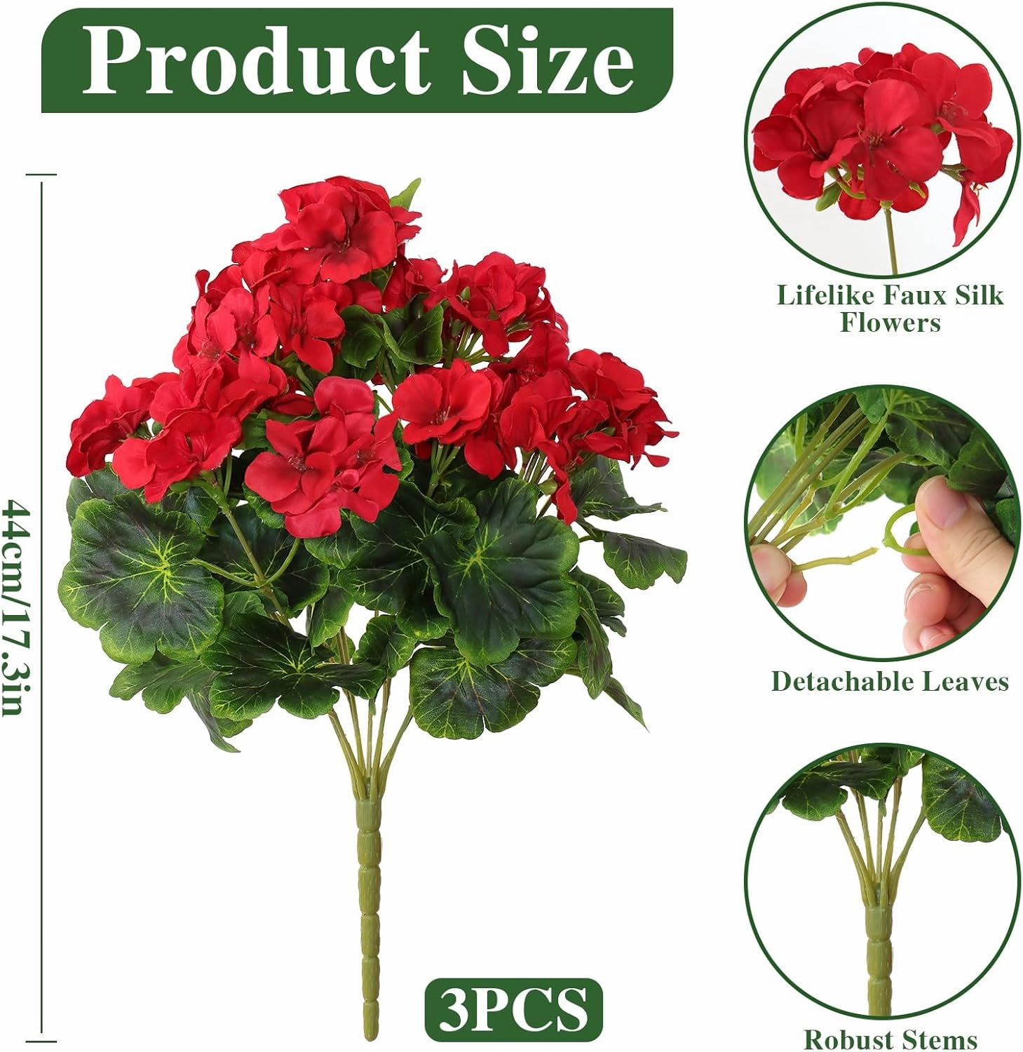 3 Pack Artificial Flowers for Outdoor 18'' Silk Geranium Flower Red Faux Geranium Bush UV Resistant Garden Plants Spring Fake Flowers Branch for Home Wedding Kitchen Table Centerpiece Decor