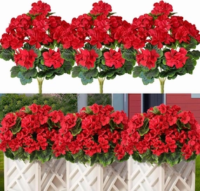 3 Pack Artificial Flowers for Outdoor 18'' Silk Geranium Flower Red Faux Geranium Bush UV Resistant Garden Plants Spring Fake Flowers Branch for Home Wedding Kitchen Table Centerpiece Decor