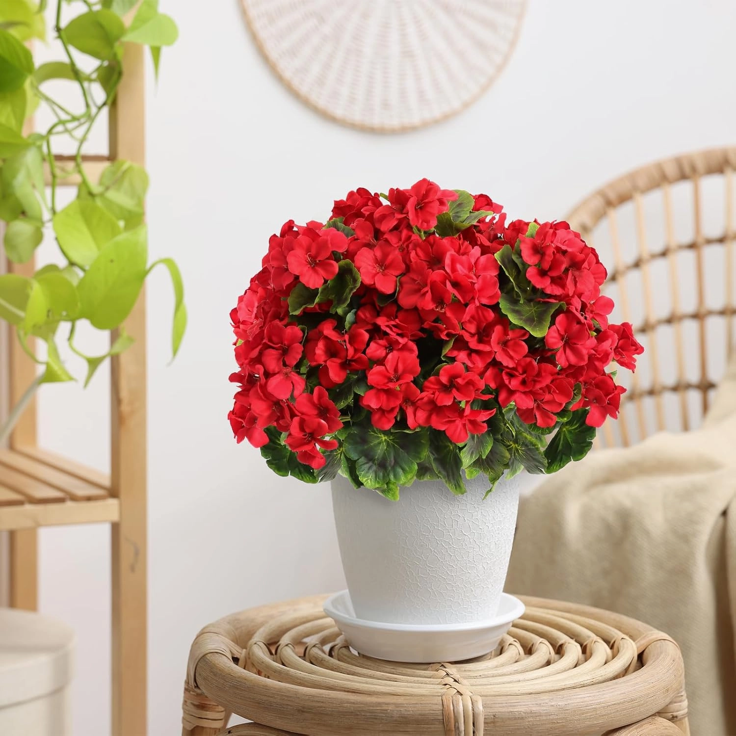 3 Pack Artificial Flowers for Outdoor 18'' Silk Geranium Flower Red Faux Geranium Bush UV Resistant Garden Plants Spring Fake Flowers Branch for Home Wedding Kitchen Table Centerpiece Decor