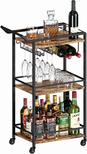 3 Tier Bar Cart, Mini Liquor Utility Cart for Wine Beverage Dinner Party, Rolling Wine Coffee Drink Serving Cart with Lockable Wheels for Home Kitchen Bars (Rustic Brown)