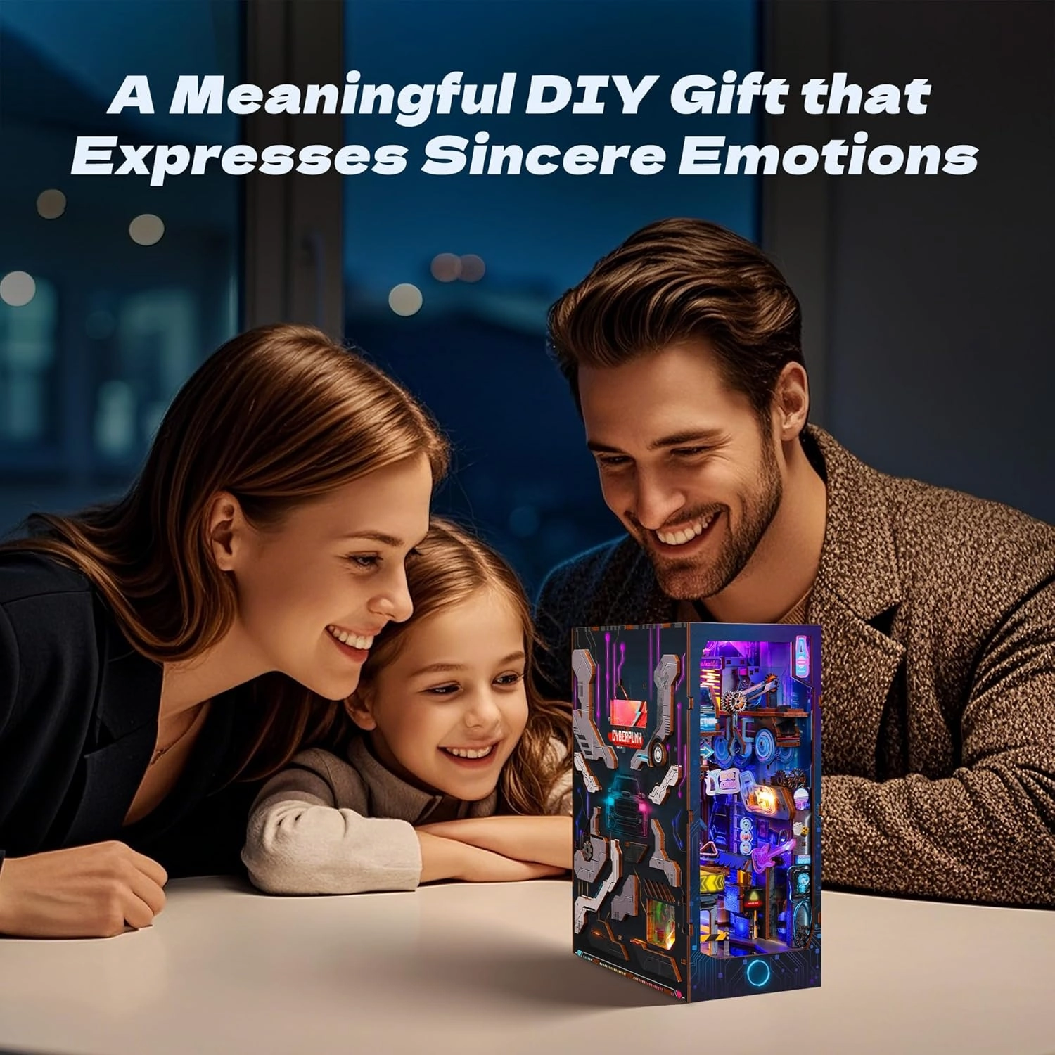 3D Wood Puzzle Book Nook Kit, Futuristic Miniature Bookshelf Insert with LED Lights, DIY Cyberpunk Bookend Décor for Display, Unique Craft for Adults and Teens (Endless Dimensions)