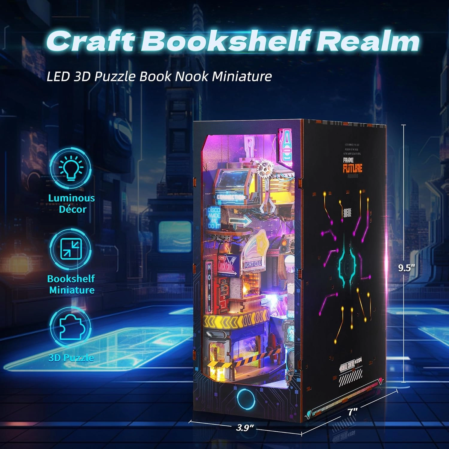 3D Wood Puzzle Book Nook Kit, Futuristic Miniature Bookshelf Insert with LED Lights, DIY Cyberpunk Bookend Décor for Display, Unique Craft for Adults and Teens (Endless Dimensions)