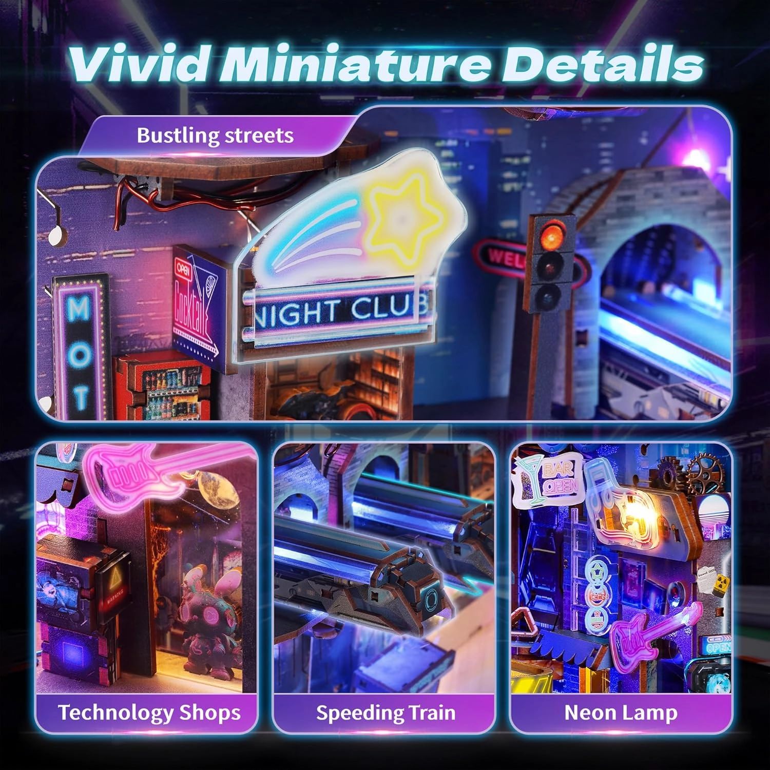 3D Wood Puzzle Book Nook Kit, Futuristic Miniature Bookshelf Insert with LED Lights, DIY Cyberpunk Bookend Décor for Display, Unique Craft for Adults and Teens (Endless Dimensions)