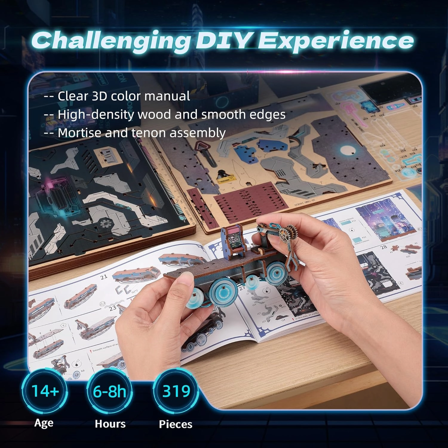 3D Wood Puzzle Book Nook Kit, Futuristic Miniature Bookshelf Insert with LED Lights, DIY Cyberpunk Bookend Décor for Display, Unique Craft for Adults and Teens (Endless Dimensions)