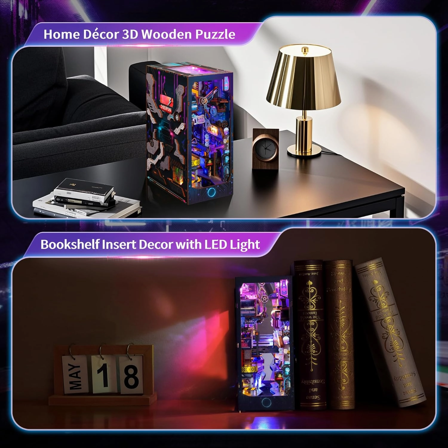 3D Wood Puzzle Book Nook Kit, Futuristic Miniature Bookshelf Insert with LED Lights, DIY Cyberpunk Bookend Décor for Display, Unique Craft for Adults and Teens (Endless Dimensions)