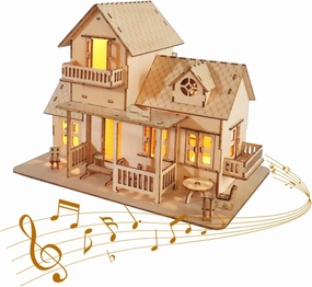 3D Wooden Puzzle Sweet Home Music Box Hands Craft Miniature Dollhouse Kits 3D Model DIY House Building with LED Night Lights Gifts for Christmas (Sweet Home)