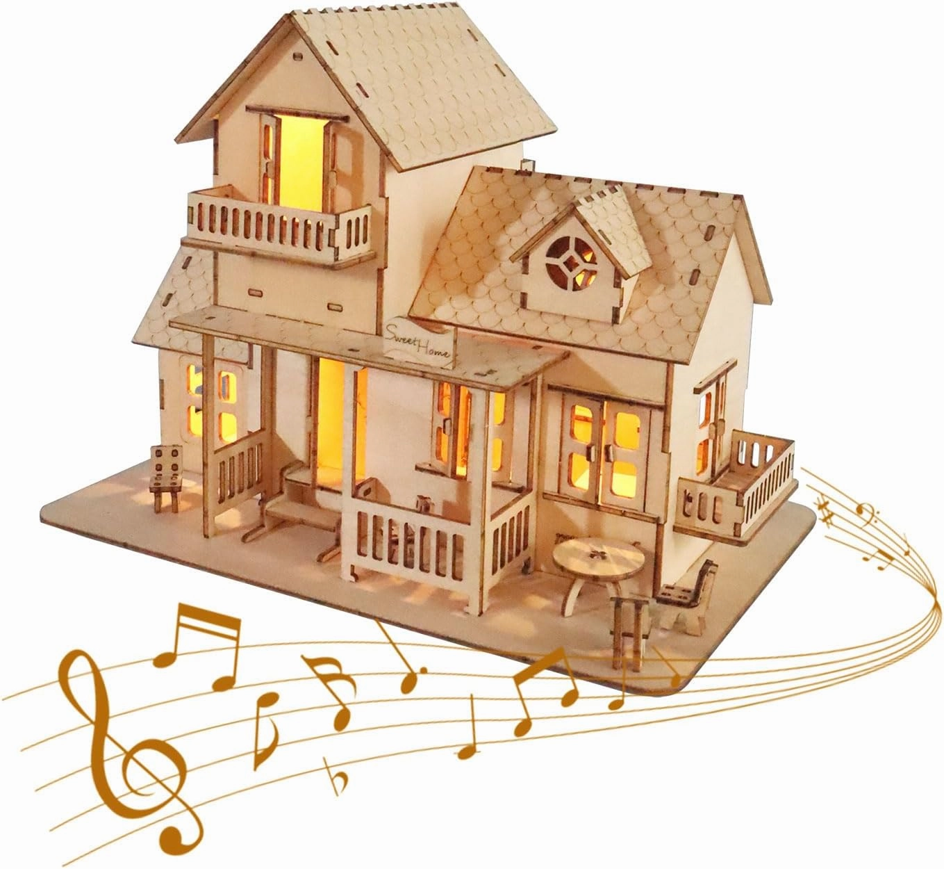3D Wooden Puzzle Sweet Home Music Box Hands Craft Miniature Dollhouse Kits 3D Model DIY House Building with LED Night Lights Gifts for Christmas (Sweet Home)