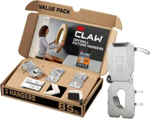 3M CLAW(TM) 65 lb. Drywall Picture Hanger With Spot Markers, Heavyweight Hanging Solution for Room Decor and Office Decor, Including Mirrors or Large Art – 3 Pack