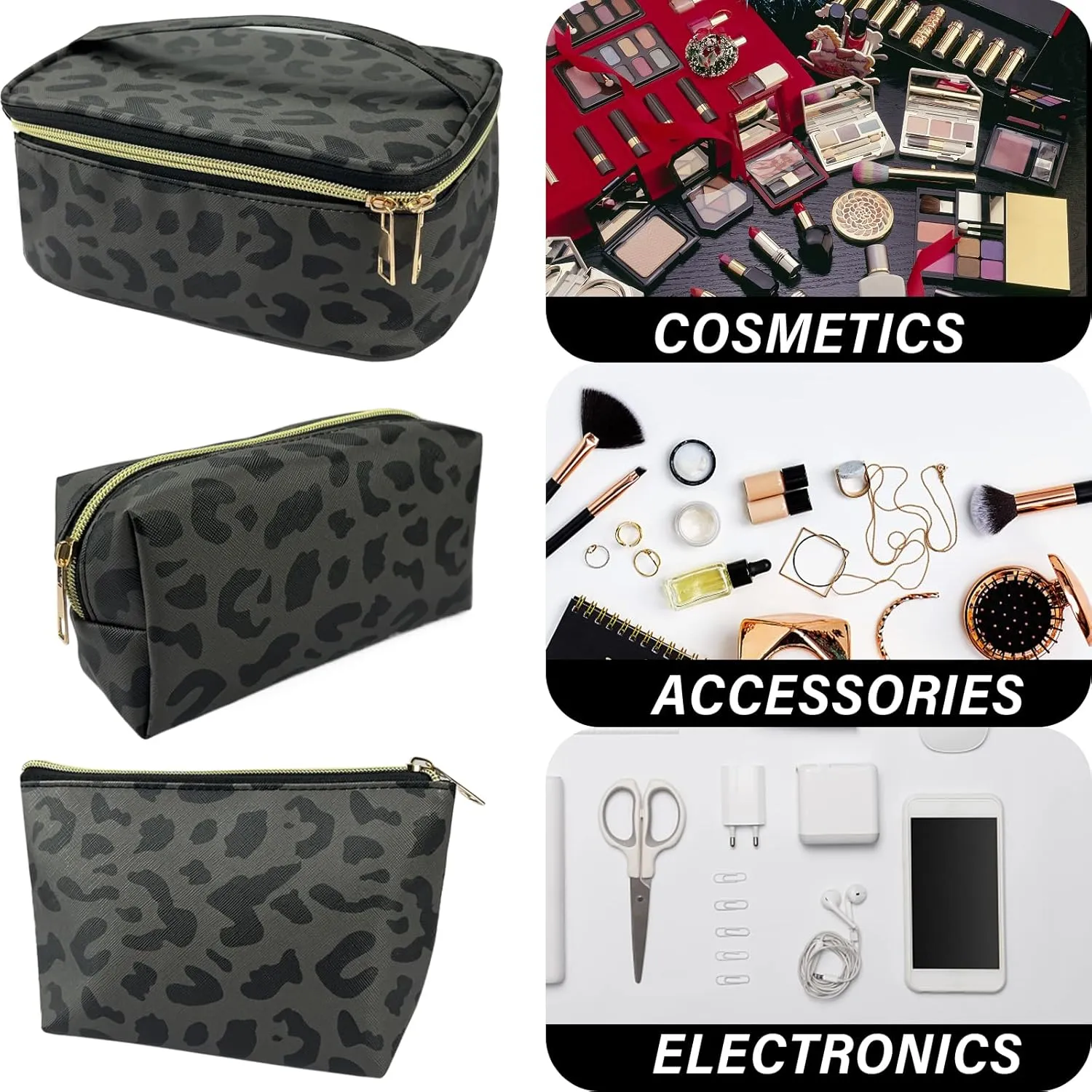 3Pcs Makeup Bag,Travel Makeup Bag,Makeup Bags for Women,Makeup Brush Bag,Large Capacity PU Cosmetic Bag,Waterproof and Durable-Black Grey Leopard Cheetah Pattern
