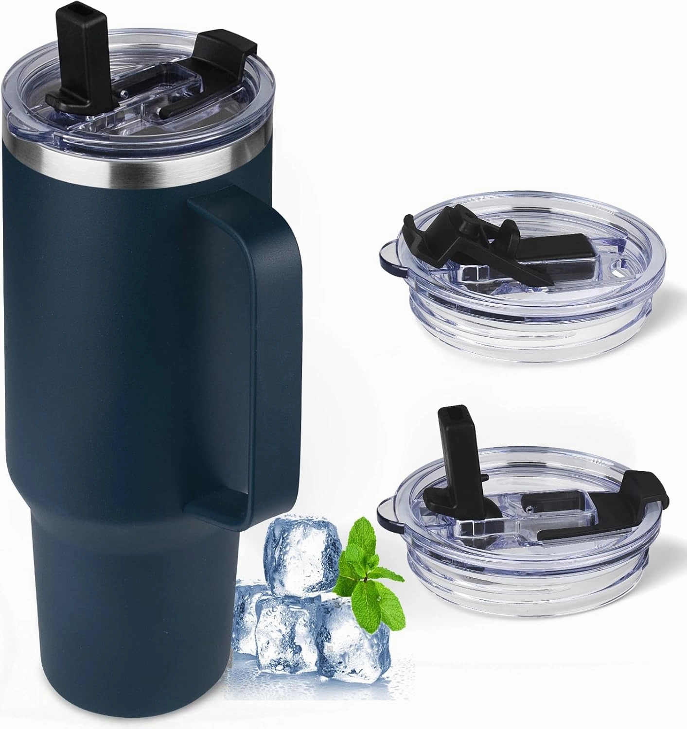 40 oz Tumbler with Handle and Flip Straw, 100% Leakproof Insulated Tumbler with Lid and Straw, Stainless Steel Travel Coffee Mug, Insulated Coffee Thermal Cup for Cold and Hot (Deep Blue)
