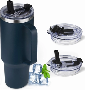 40 oz Tumbler with Handle and Flip Straw, 100% Leakproof Insulated Tumbler with Lid and Straw, Stainless Steel Travel Coffee Mug, Insulated Coffee Thermal Cup for Cold and Hot (Deep Blue)