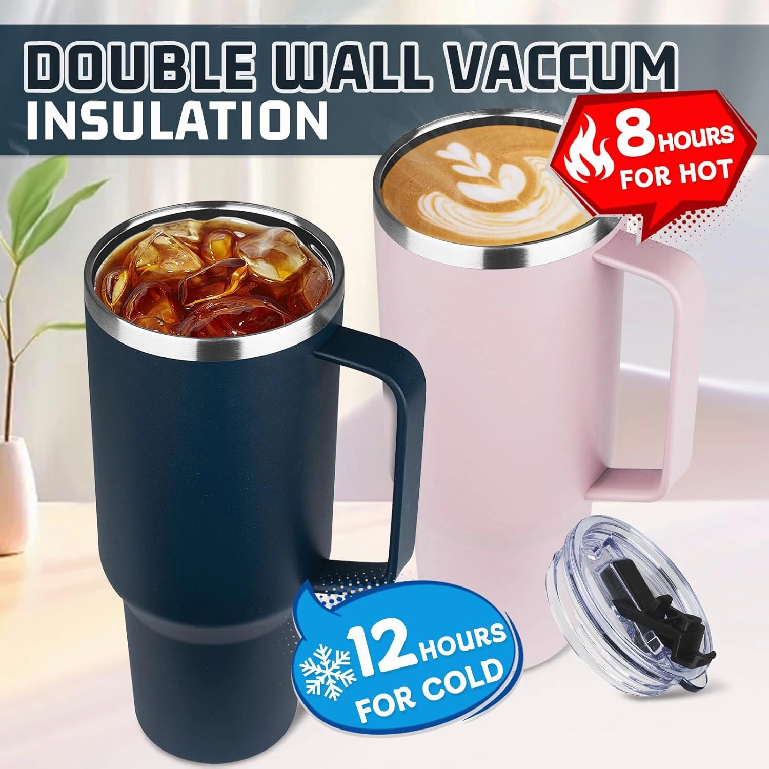 40 oz Tumbler with Handle and Flip Straw, 100% Leakproof Insulated Tumbler with Lid and Straw, Stainless Steel Travel Coffee Mug, Insulated Coffee Thermal Cup for Cold and Hot (Deep Blue)