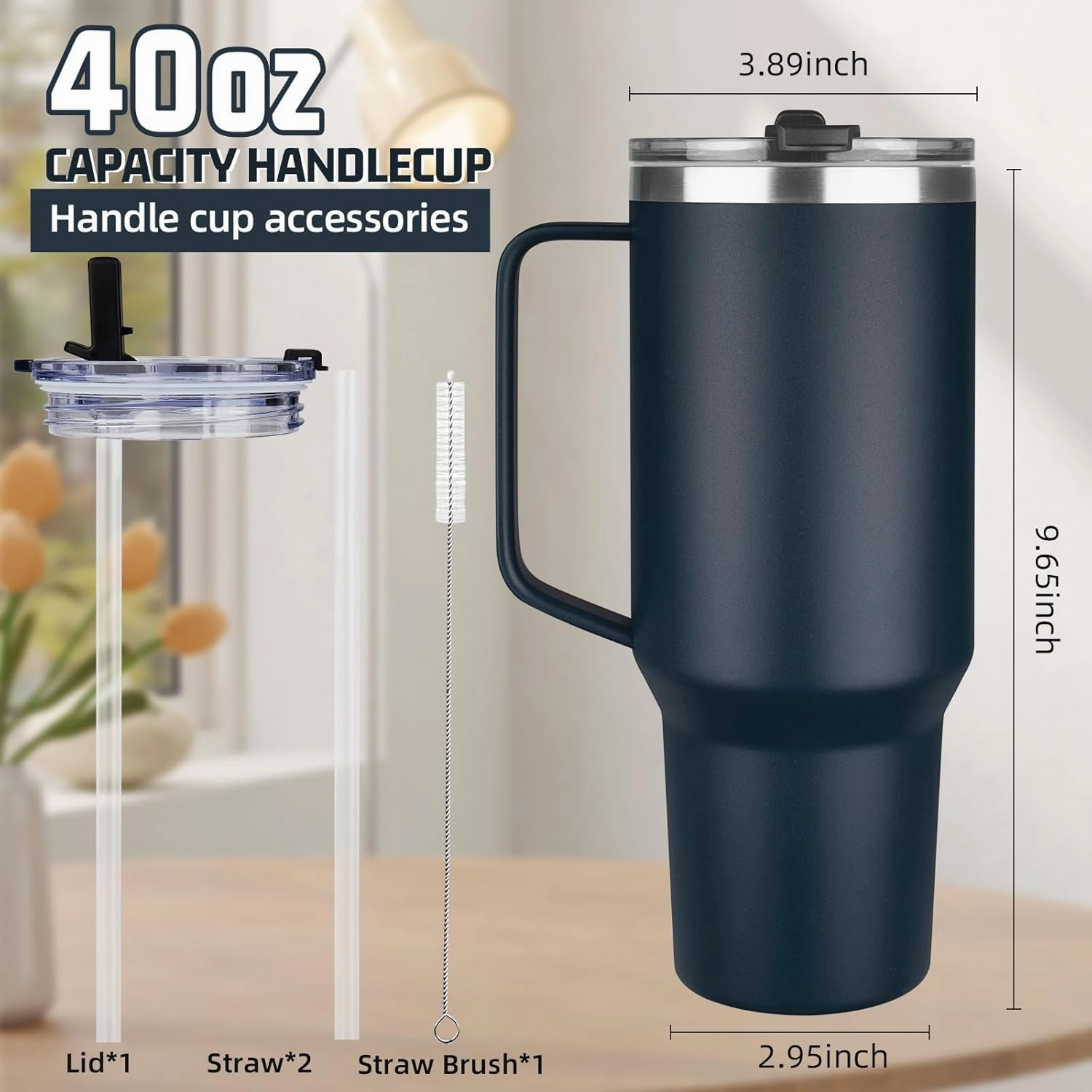 40 oz Tumbler with Handle and Flip Straw, 100% Leakproof Insulated Tumbler with Lid and Straw, Stainless Steel Travel Coffee Mug, Insulated Coffee Thermal Cup for Cold and Hot (Deep Blue)