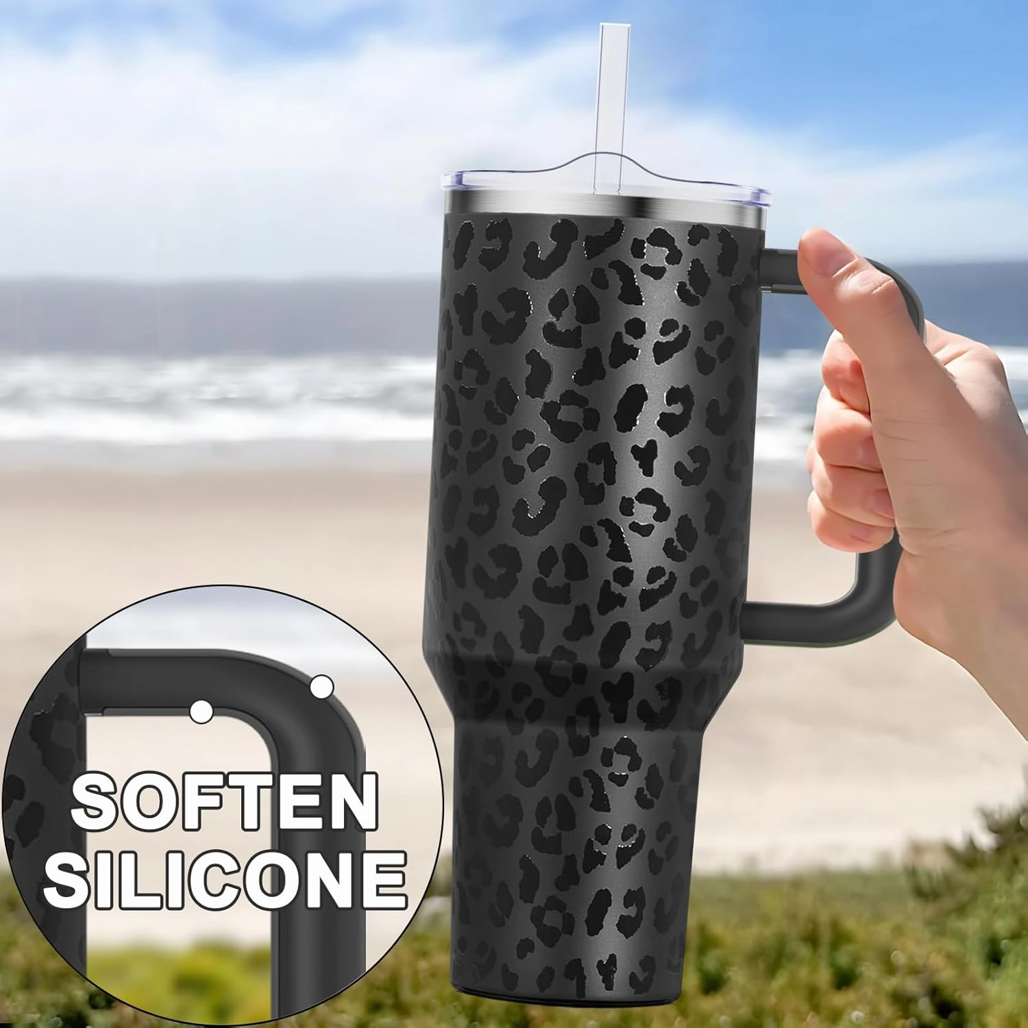 40 oz Tumbler with Handle and Straw Lid Insulated Tumblers Cups with Lids Straws Double Wall Vacuum Stainless Steel 40oz Tumbler Travel Mug Gifts for Men Women Him Her (Black Leopard)