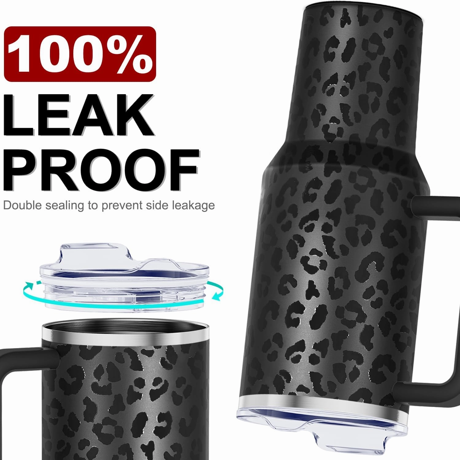 40 oz Tumbler with Handle and Straw Lid Insulated Tumblers Cups with Lids Straws Double Wall Vacuum Stainless Steel 40oz Tumbler Travel Mug Gifts for Men Women Him Her (Black Leopard)
