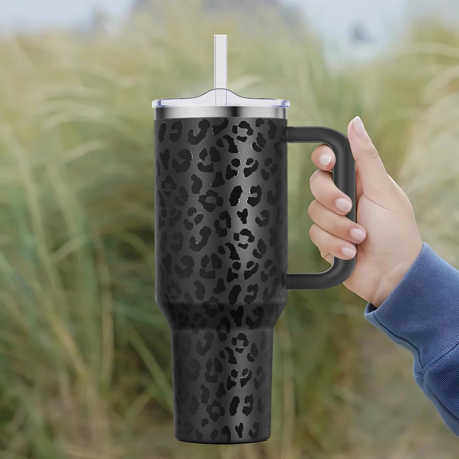 40 oz Tumbler with Handle and Straw Lid Insulated Tumblers Cups with Lids Straws Double Wall Vacuum Stainless Steel 40oz Tumbler Travel Mug Gifts for Men Women Him Her (Black Leopard)