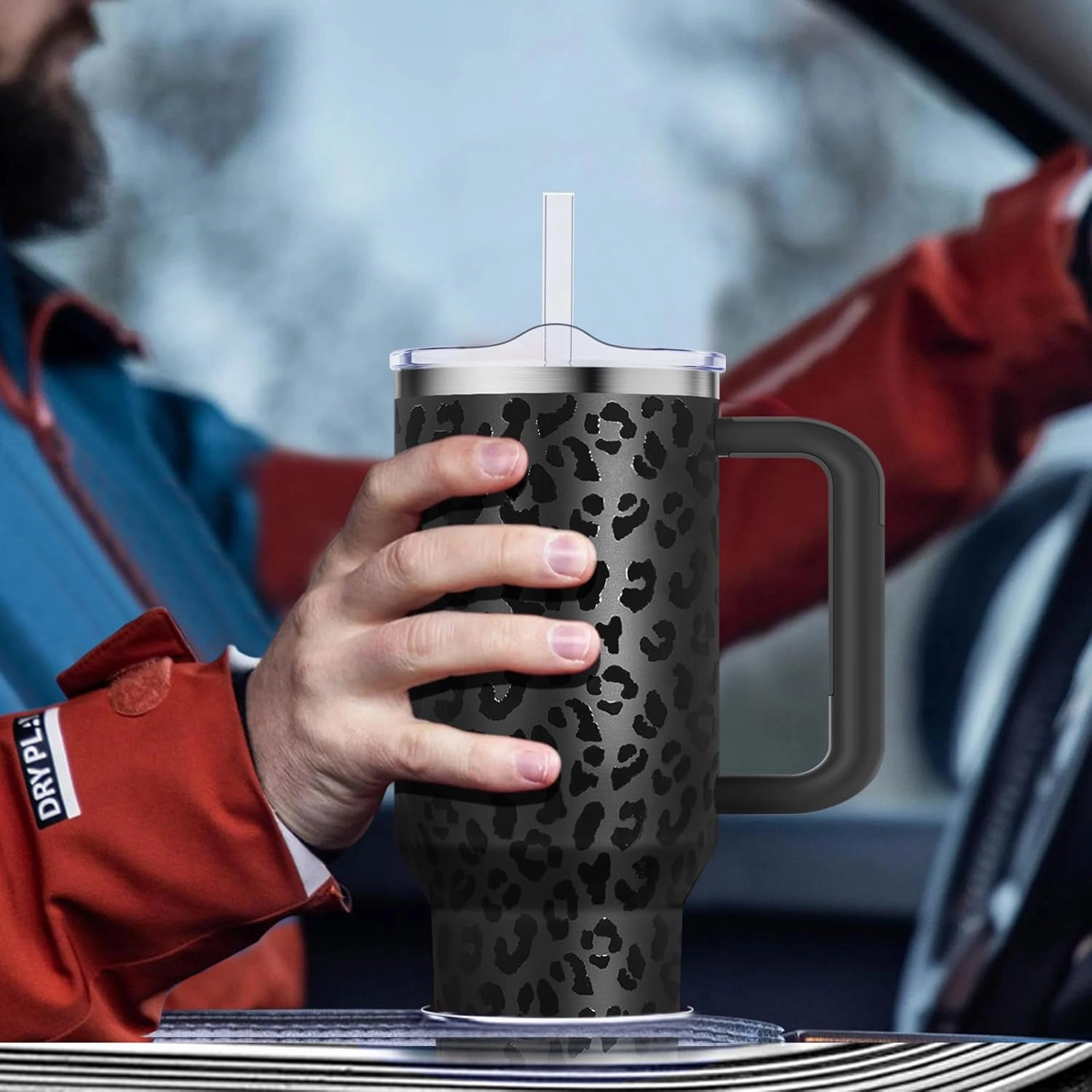 40 oz Tumbler with Handle and Straw Lid Insulated Tumblers Cups with Lids Straws Double Wall Vacuum Stainless Steel 40oz Tumbler Travel Mug Gifts for Men Women Him Her (Black Leopard)
