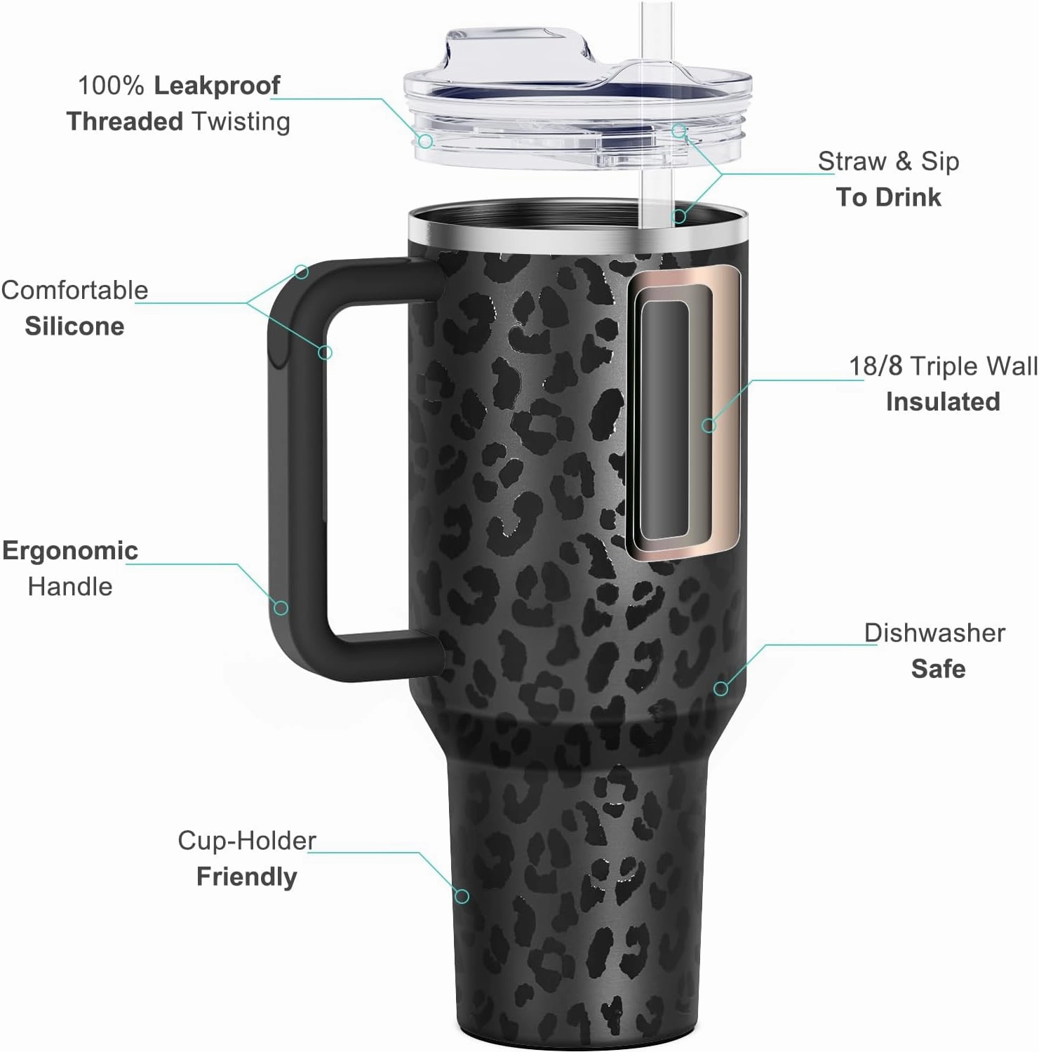 40 oz Tumbler with Handle and Straw Lid Insulated Tumblers Cups with Lids Straws Double Wall Vacuum Stainless Steel 40oz Tumbler Travel Mug Gifts for Men Women Him Her (Black Leopard)