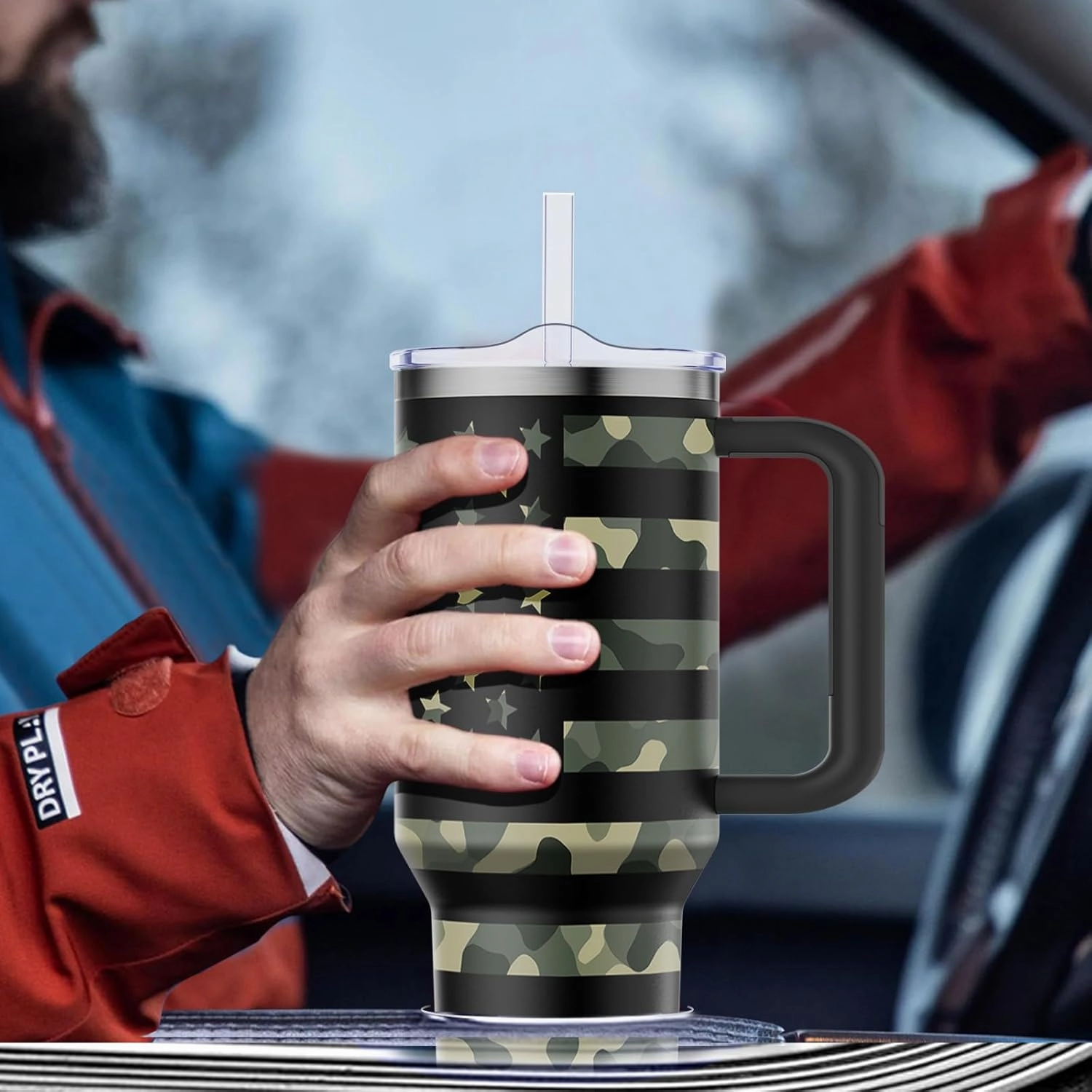 40 oz Tumbler with Handle and Straw Lid Insulated Tumblers Cups with Lids Straws Double Wall Vacuum Stainless Steel 40oz Tumbler Travel Mug Gifts for Men Women Him Her (Camouflage Flag)