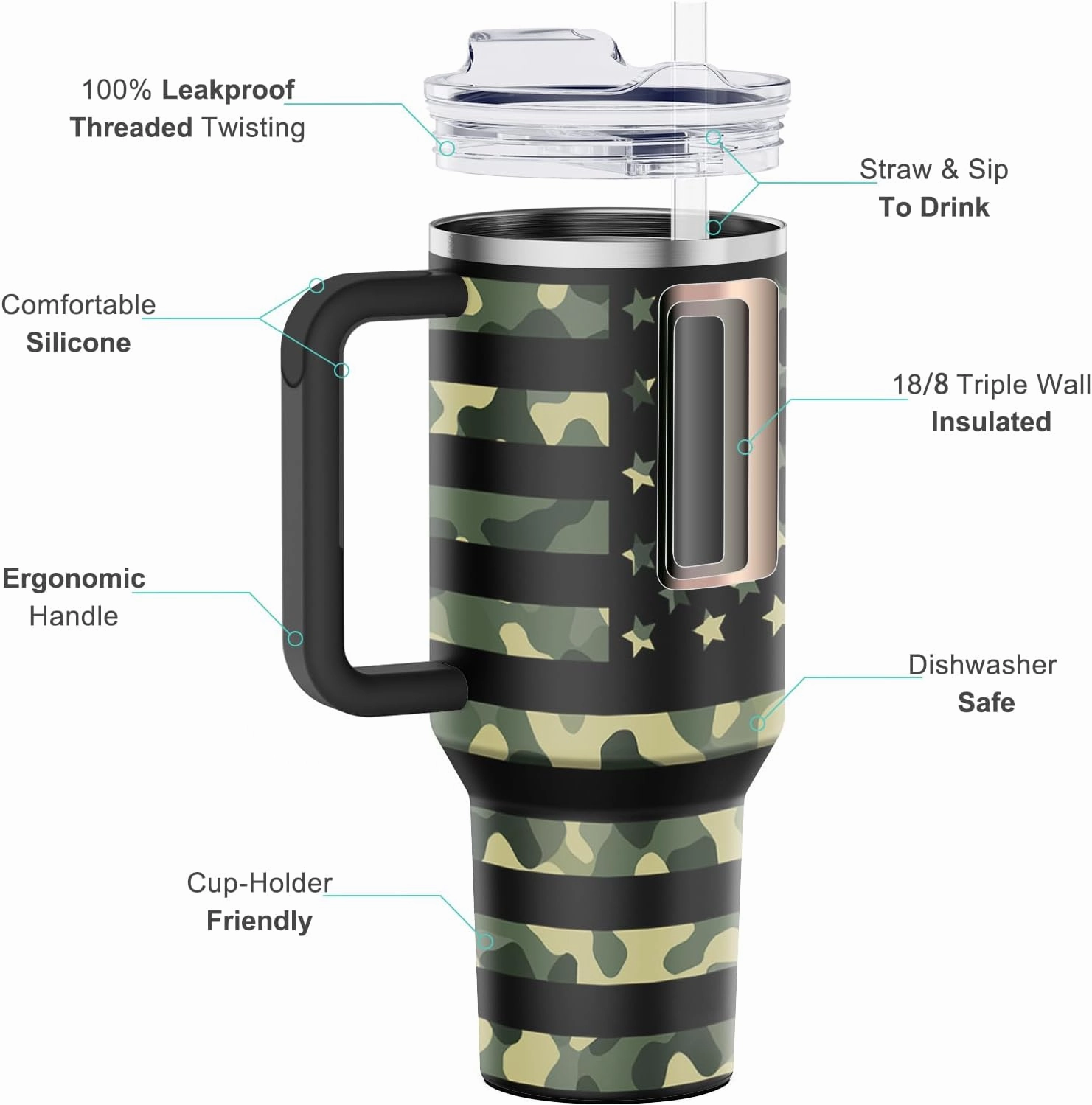 40 oz Tumbler with Handle and Straw Lid Insulated Tumblers Cups with Lids Straws Double Wall Vacuum Stainless Steel 40oz Tumbler Travel Mug Gifts for Men Women Him Her (Camouflage Flag)