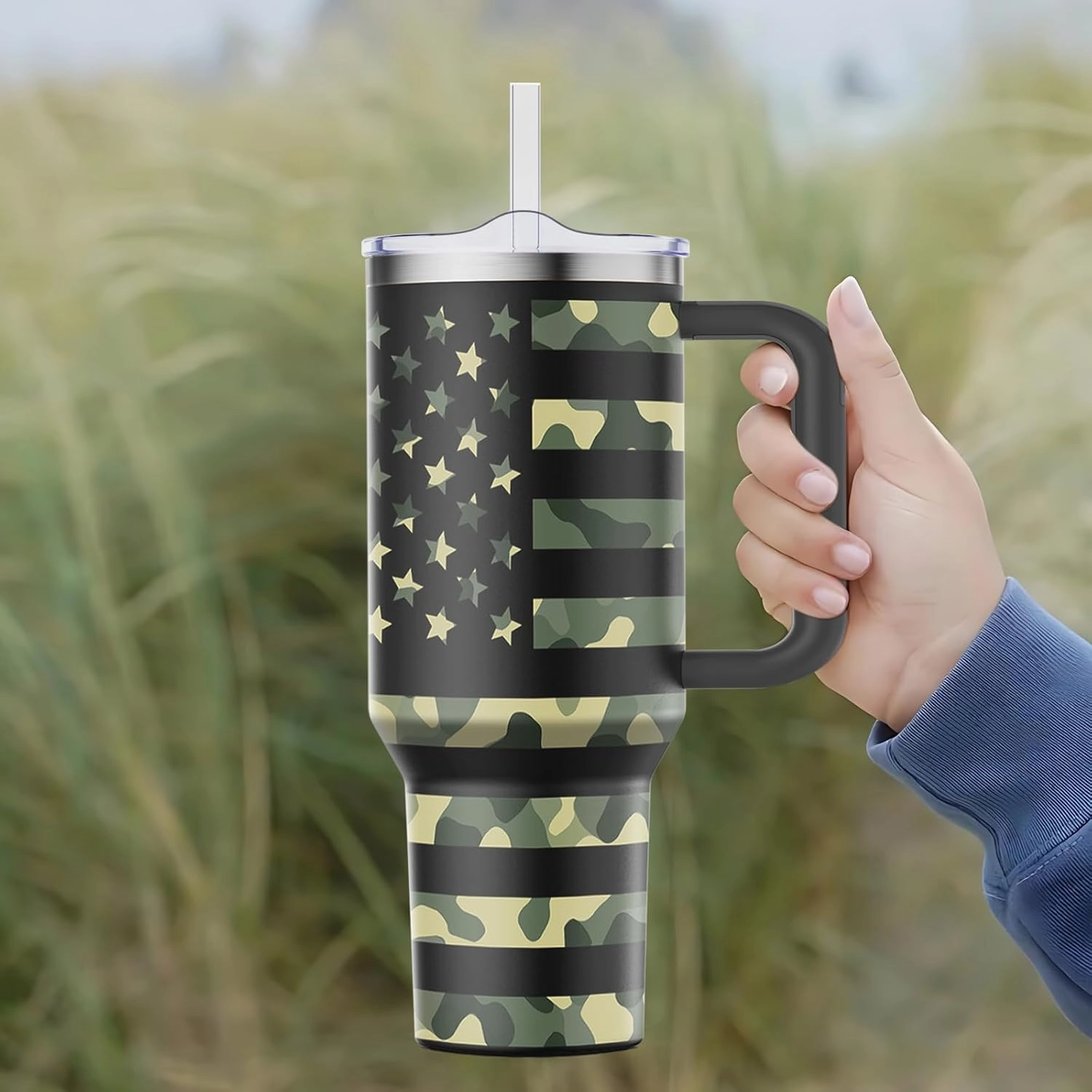 40 oz Tumbler with Handle and Straw Lid Insulated Tumblers Cups with Lids Straws Double Wall Vacuum Stainless Steel 40oz Tumbler Travel Mug Gifts for Men Women Him Her (Camouflage Flag)