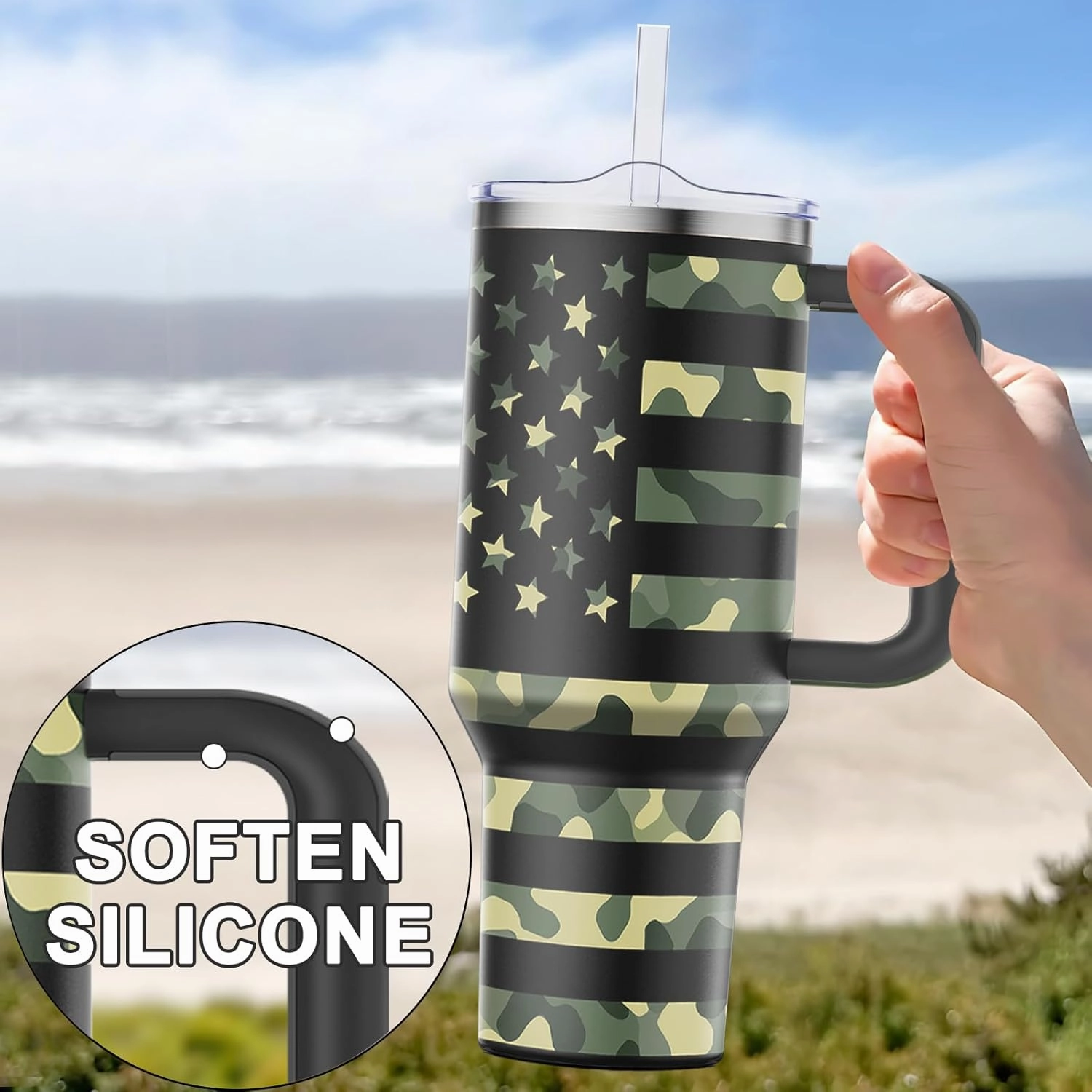 40 oz Tumbler with Handle and Straw Lid Insulated Tumblers Cups with Lids Straws Double Wall Vacuum Stainless Steel 40oz Tumbler Travel Mug Gifts for Men Women Him Her (Camouflage Flag)