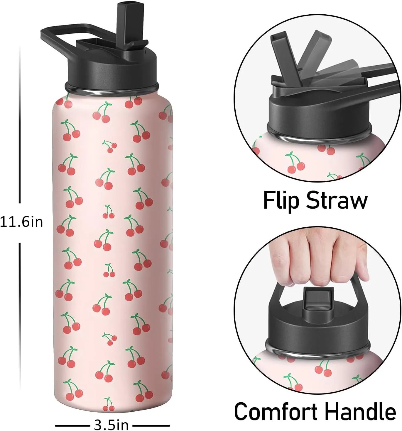 40oz Cherry Water Bottle with Handle and Flip Straw, Sports Stainless Steel Insulated Cup Travel Coffee Mug Tumbler, Birthday Mothers Day Chritmas Gifts for Women