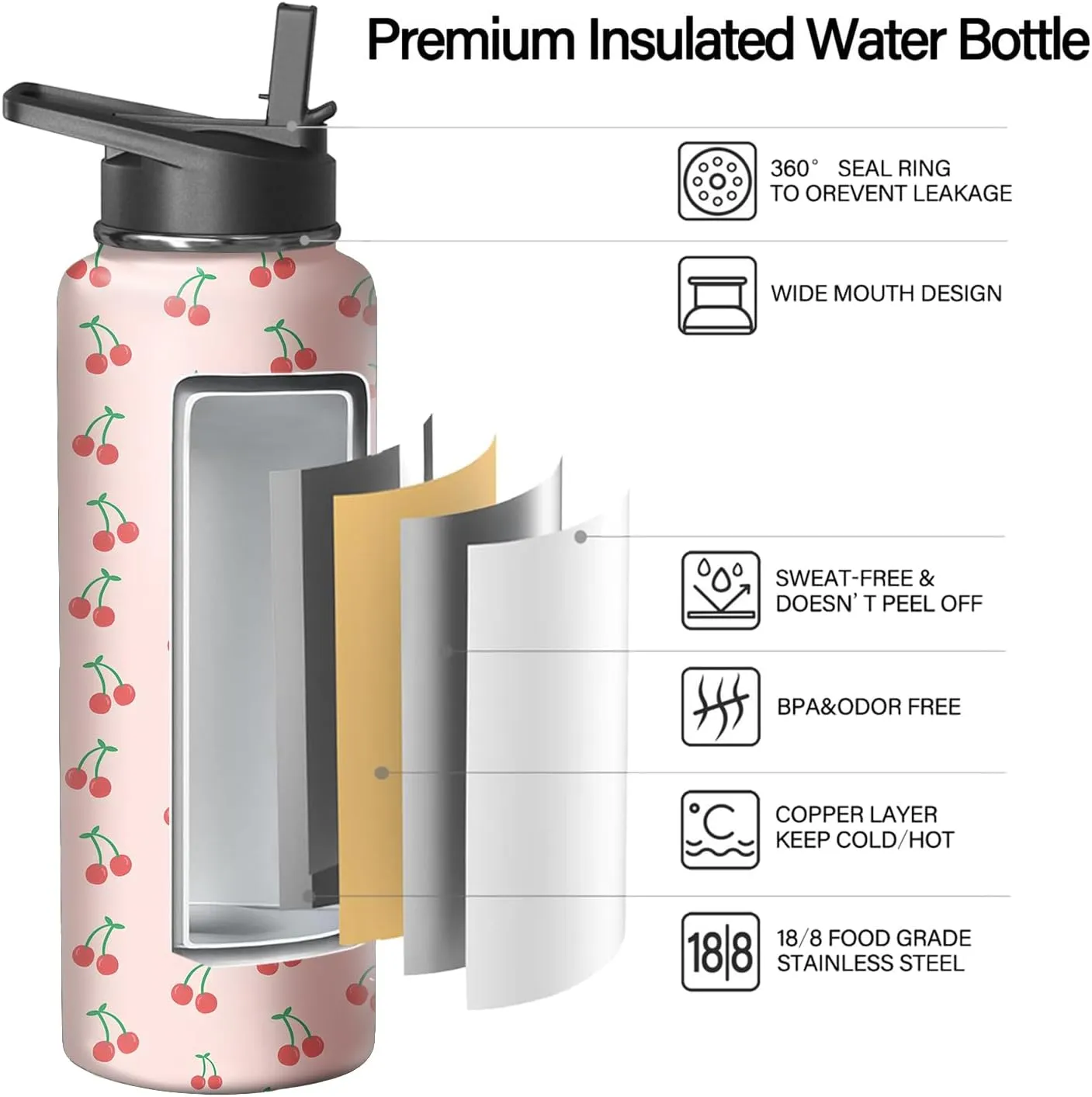 40oz Cherry Water Bottle with Handle and Flip Straw, Sports Stainless Steel Insulated Cup Travel Coffee Mug Tumbler, Birthday Mothers Day Chritmas Gifts for Women
