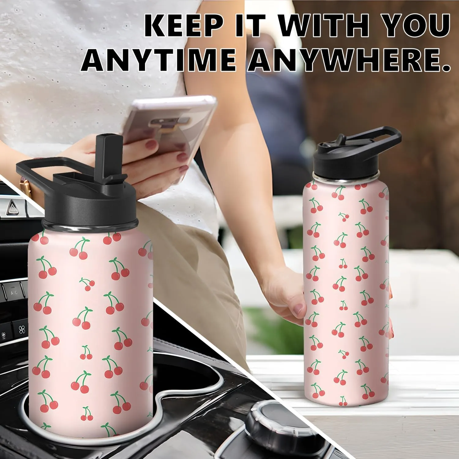 40oz Cherry Water Bottle with Handle and Flip Straw, Sports Stainless Steel Insulated Cup Travel Coffee Mug Tumbler, Birthday Mothers Day Chritmas Gifts for Women