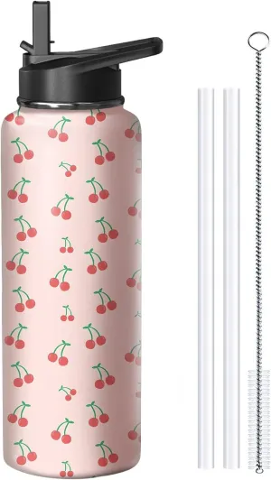 40oz Cherry Water Bottle with Handle and Flip Straw, Sports Stainless Steel Insulated Cup Travel Coffee Mug Tumbler, Birthday Mothers Day Chritmas Gifts for Women