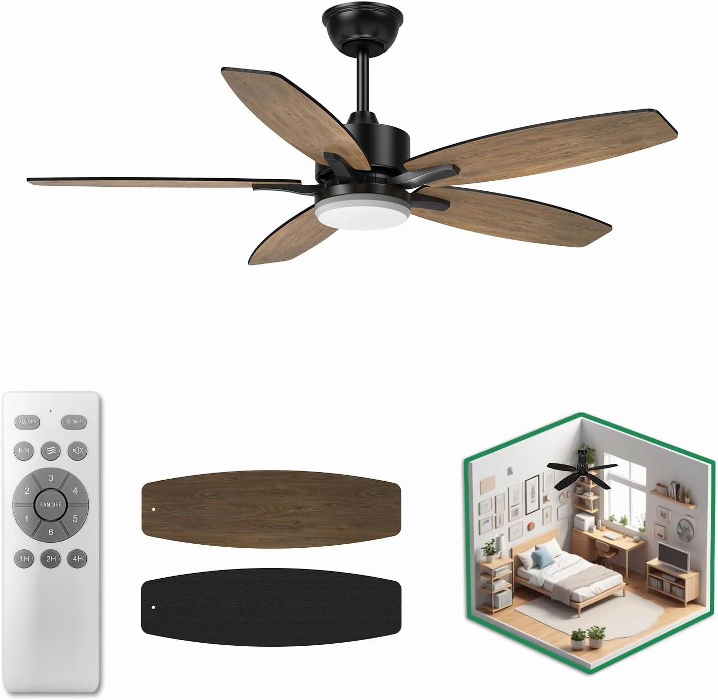 42 Inch Ceiling Fan with Light, Small Farmhouse Ceiling Fan with Remote, Reversible DC Modern Black Fan Light with 3CCT, 6 Speeds for Small Room, Bedroom, Living Room and Kitchen, Indoor Outdoor
