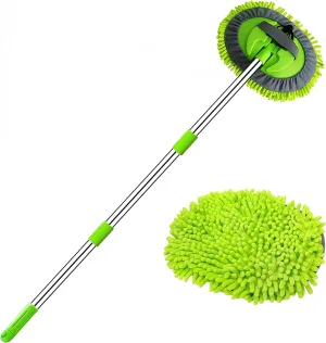47.5" Car Wash Brush Mop Cleaning Tool with Long Handle Kit for Washing Detailing Cars Truck, SUV, RV, Trailer, Boat 2 in 1 Chenille Microfiber Sponge Duster Not Hurt Paint Scratch Free