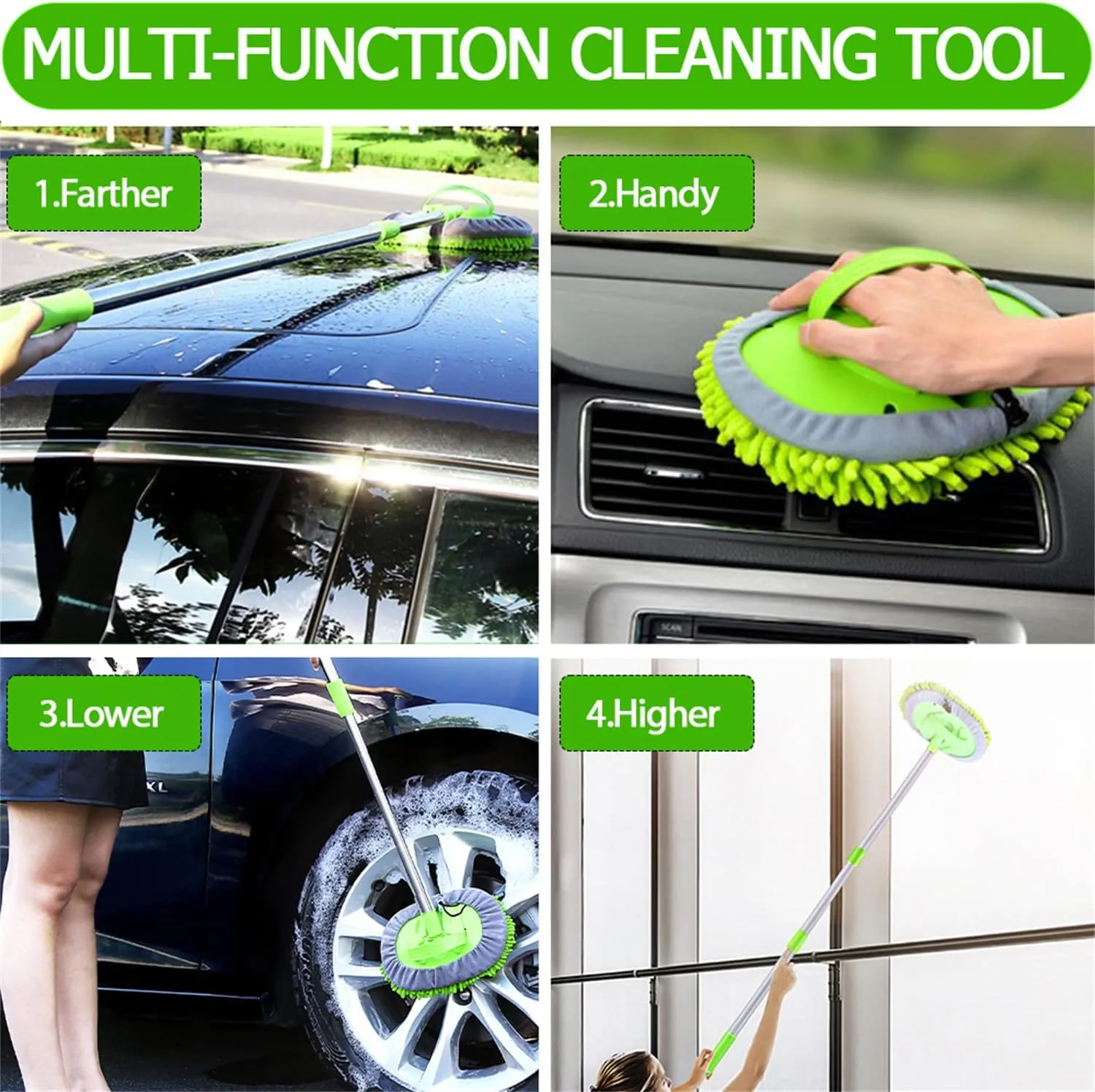 47.5" Car Wash Brush Mop Cleaning Tool with Long Handle Kit for Washing Detailing Cars Truck, SUV, RV, Trailer, Boat 2 in 1 Chenille Microfiber Sponge Duster Not Hurt Paint Scratch Free