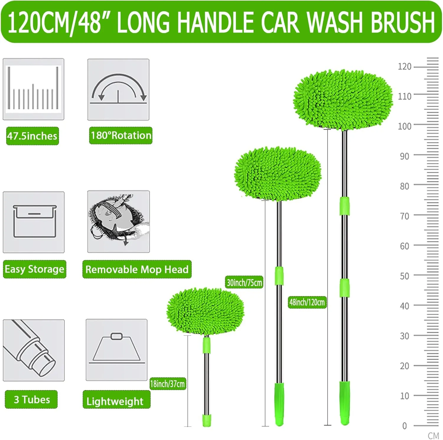 47.5" Car Wash Brush Mop Cleaning Tool with Long Handle Kit for Washing Detailing Cars Truck, SUV, RV, Trailer, Boat 2 in 1 Chenille Microfiber Sponge Duster Not Hurt Paint Scratch Free