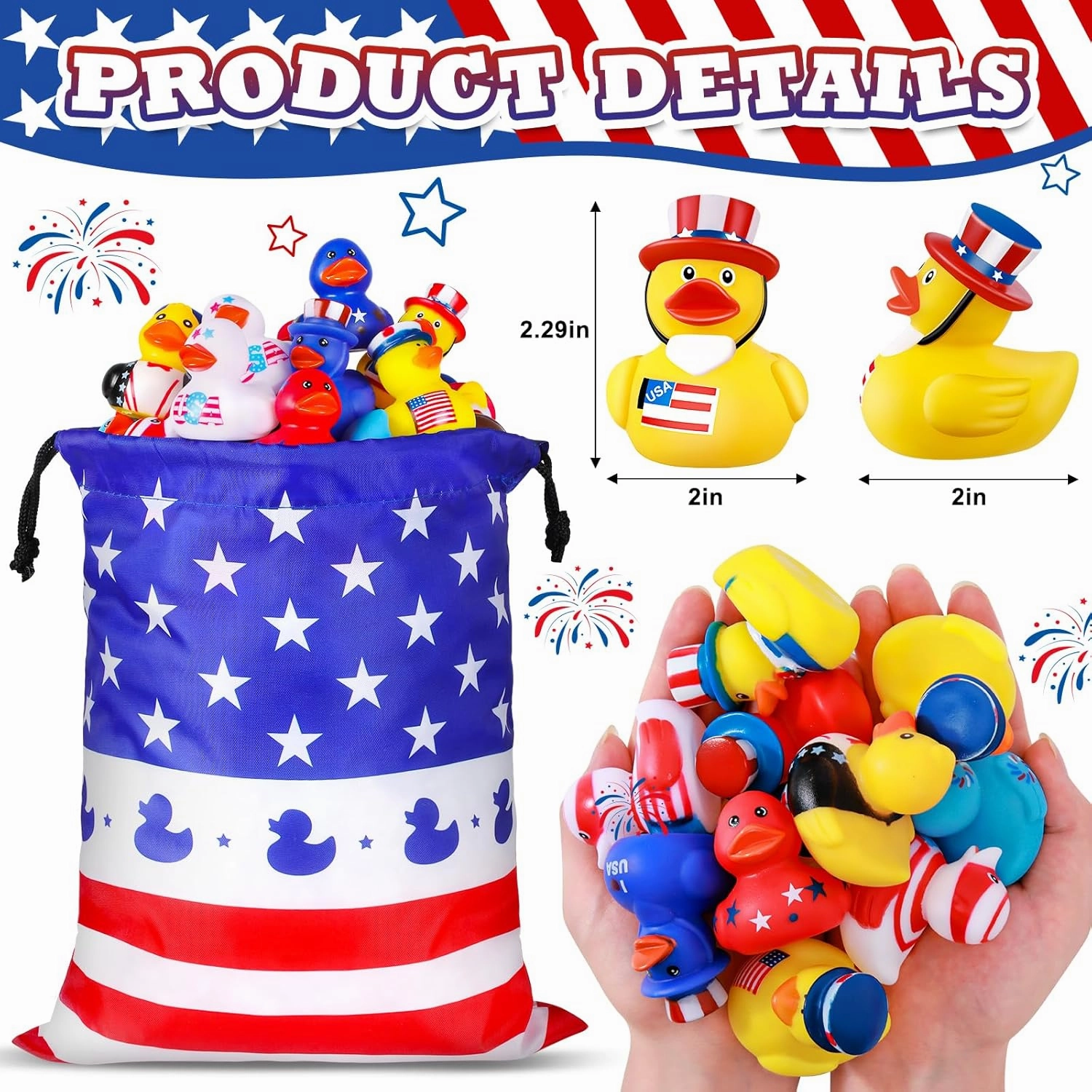 48 Pcs Patriotic Rubber Ducks, 4th of July Duck for Jeeps, 2.5 Inch Small Rubber Ducks Bulk for Independence Day, Memorial Day Party Favors Gifts Baby Shower Bath Summer Beach and Pool Toy for Kids