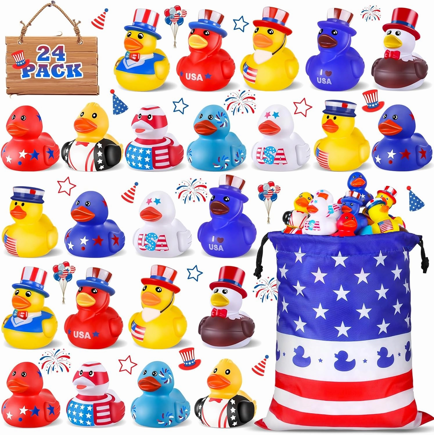 48 Pcs Patriotic Rubber Ducks, 4th of July Duck for Jeeps, 2.5 Inch Small Rubber Ducks Bulk for Independence Day, Memorial Day Party Favors Gifts Baby Shower Bath Summer Beach and Pool Toy for Kids