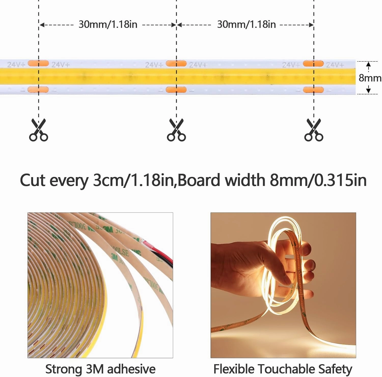 49.2ft/15M DC 24V COB LED Strip Light Warm White 3000K 5760LEDs CRI 93  11000lm Uniform Glow IP20 Not Waterproof Flexible LED Tape Lights for DIY Cabinet Bedroom Home Decor(No Power Supply)
