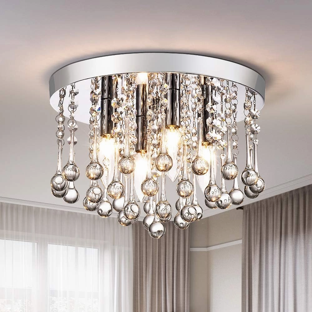 4 Lights Crystal Chandelier, 12" Modern Chrome Ceiling Light Fixture Lamp, Round Metal Shade Ceiling Light, Raindrop Chandelier Crystal for Dining Room Living Room Bedroom, E12 Base, Chrome