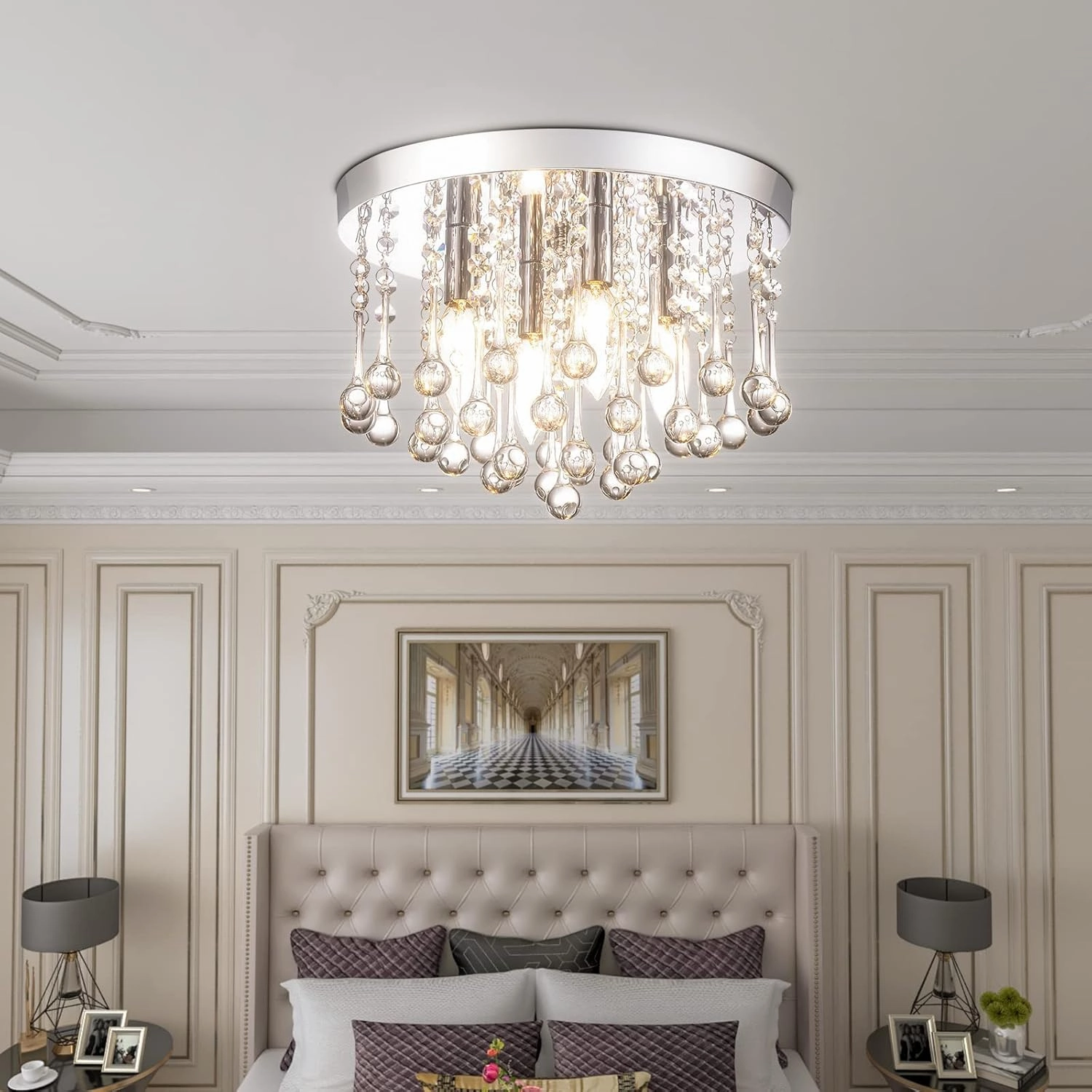 4 Lights Crystal Chandelier, 12" Modern Chrome Ceiling Light Fixture Lamp, Round Metal Shade Ceiling Light, Raindrop Chandelier Crystal for Dining Room Living Room Bedroom, E12 Base, Chrome