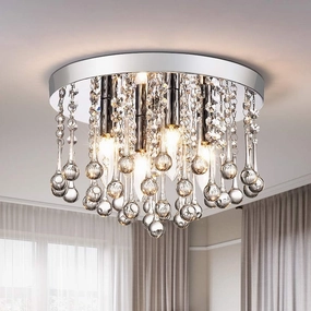 4 Lights Crystal Chandelier, 12" Modern Chrome Ceiling Light Fixture Lamp, Round Metal Shade Ceiling Light, Raindrop Chandelier Crystal for Dining Room Living Room Bedroom, E12 Base, Chrome
