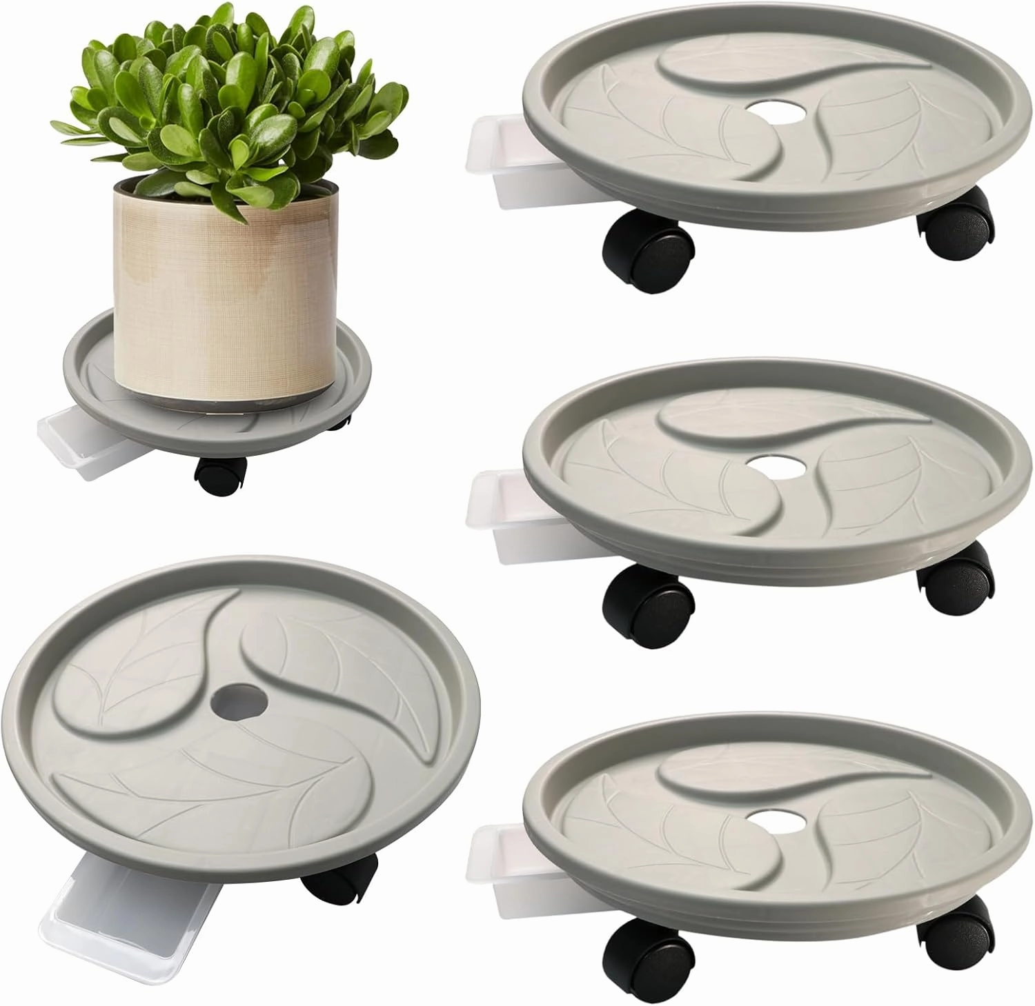4 Pack 13inch Plant Caddy with Wheels, Rolling Plant Stand with Wheels and Drainage Tray, Garden Round Plant Dolly Flowerpot Mover Roller Base with Casters for Outdoor/Indoor/Heavy Planter（Grey