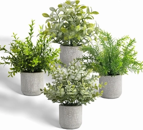 4 Pack Small Fake Plants in Cement Planter Mini Artificial Greenery Potted Plants Indoor Faux Eucalyptus for Home Decor Bathroom Bedroom Shelf Desk Office Table Kitchen Room Decor