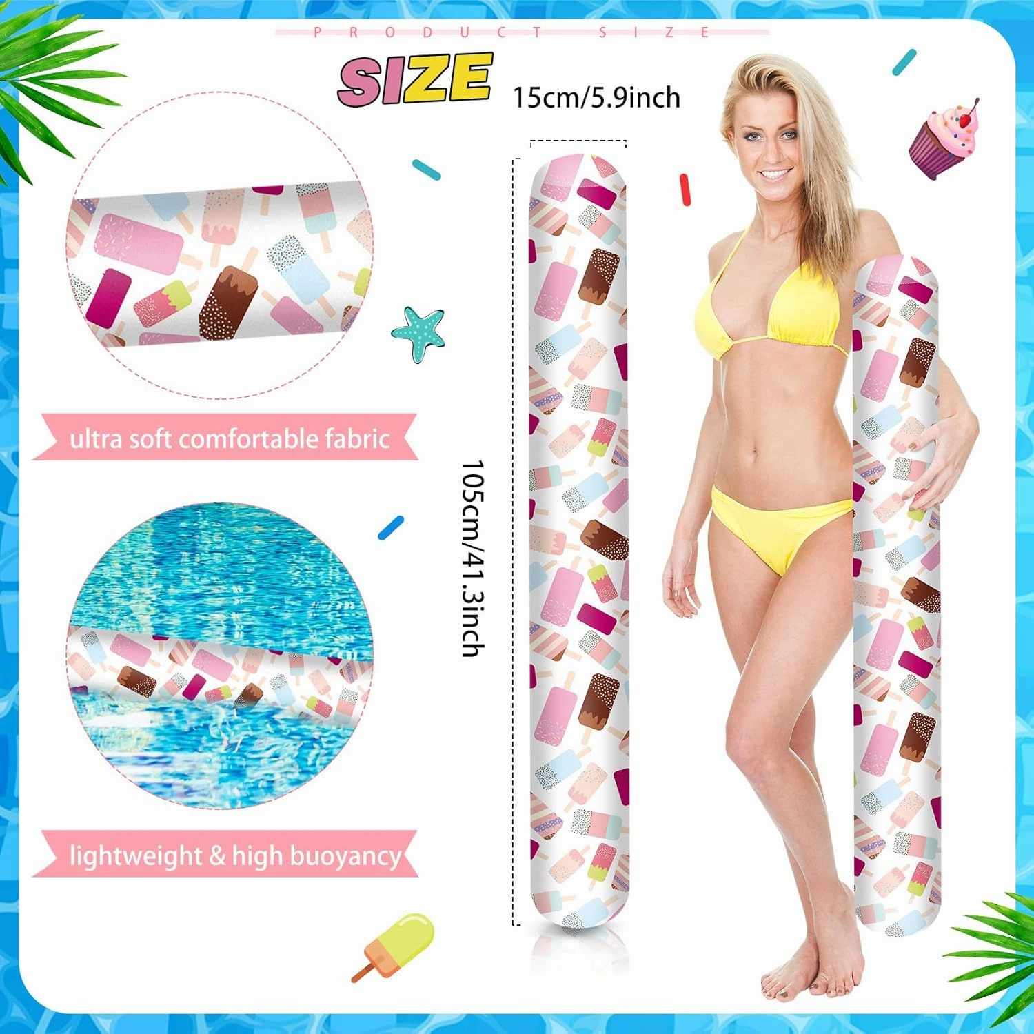 4 Pcs Inflatable Pool Noodles 41.3 Inch Hawaii Swim Pool Noodles Floats Inflatable Tropical Pool Noodles for Adult Water Game Pool Beach Hawaii Party Sports