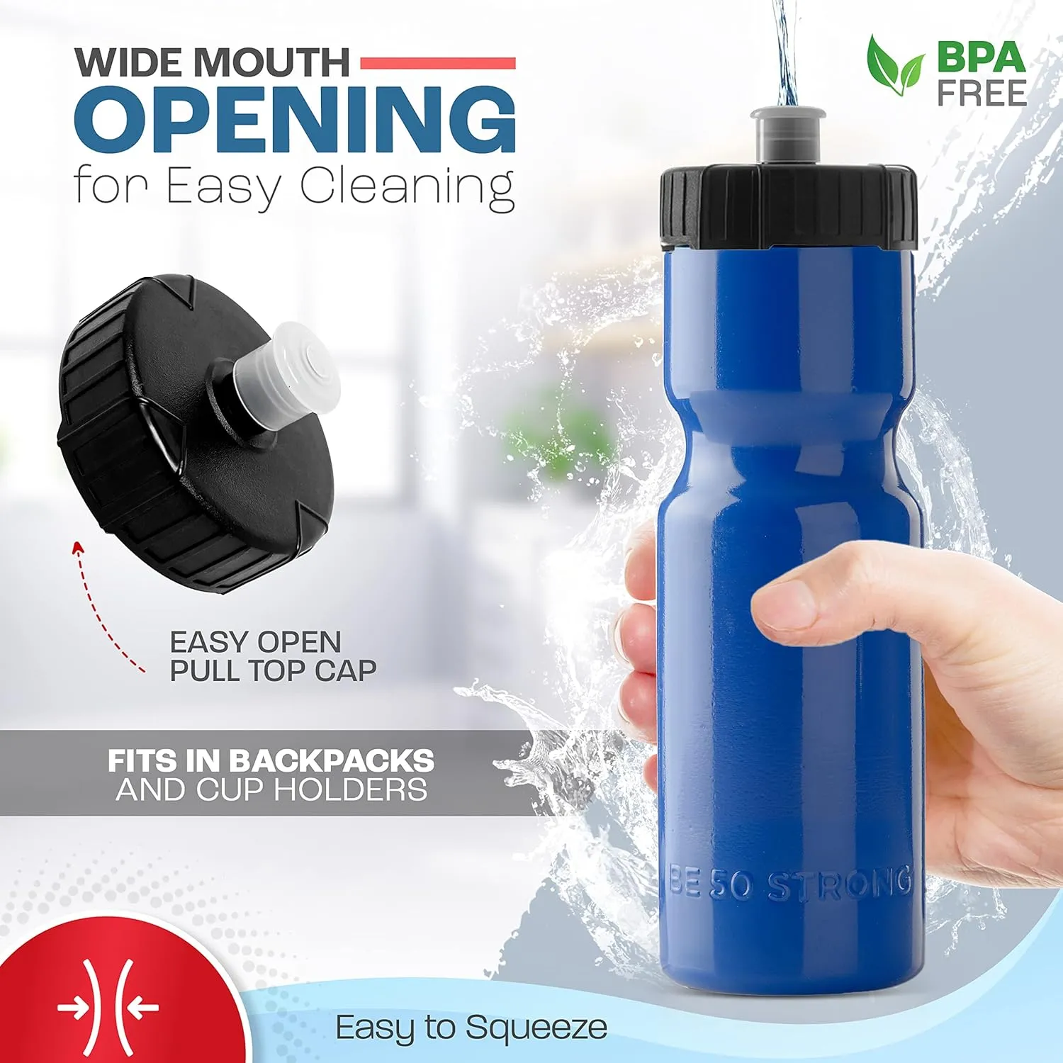 50 Strong Sports Water Bottles – Reusable 22 oz BPA-Free Plastic Bottles with Pull Top Cap – Made in USA – Top Rack Dishwasher Safe – Fits Most Bike Cages Brand