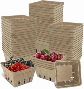 50 Pcs Natural Pulp Fiber Berry Basket, Molded Berry Basket Produce Vented Container for Strawberry Blueberry Raspberry and Vegetable Small Farmer Market Grocery Stores, Backyard Party 4.3x4.3x2.8inch