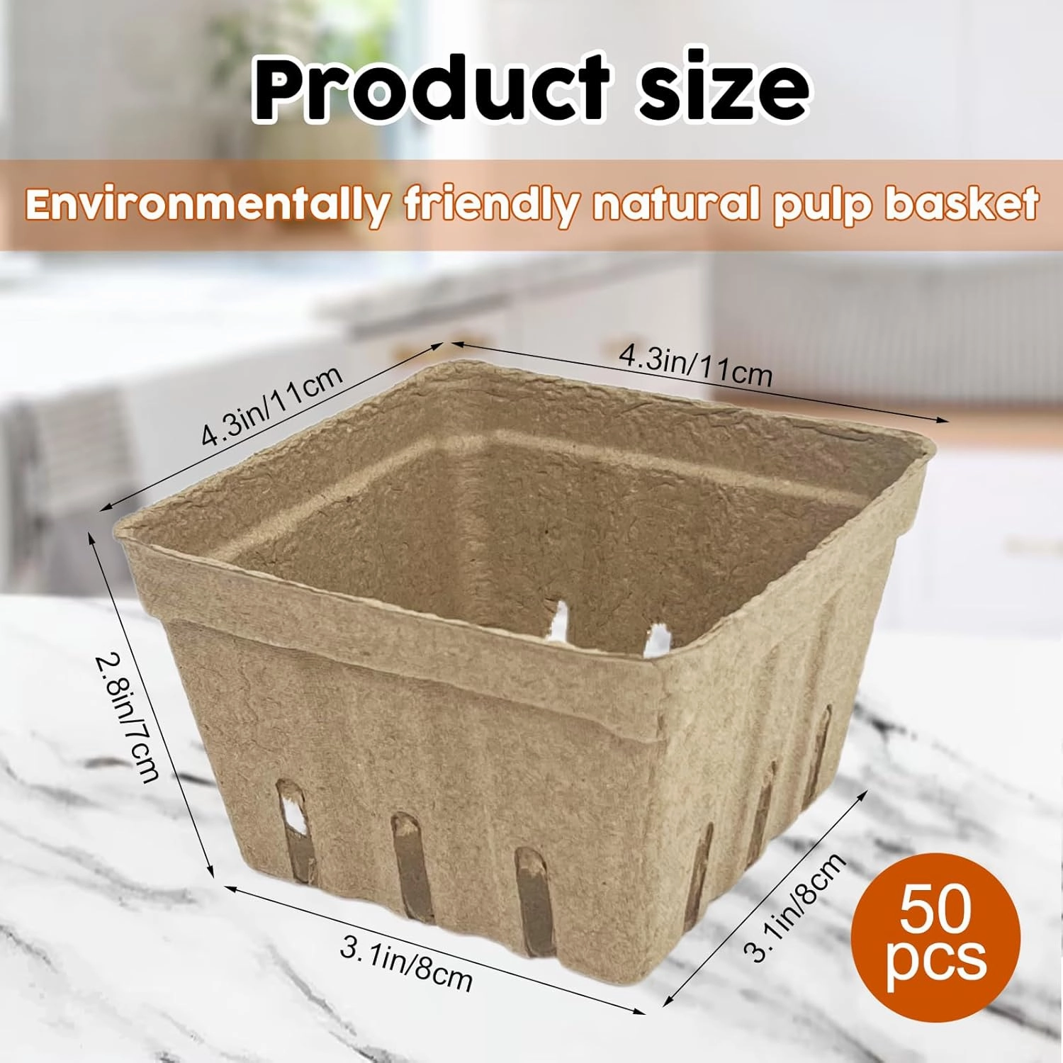 50 Pcs Natural Pulp Fiber Berry Basket, Molded Berry Basket Produce Vented Container for Strawberry Blueberry Raspberry and Vegetable Small Farmer Market Grocery Stores, Backyard Party 4.3x4.3x2.8inch