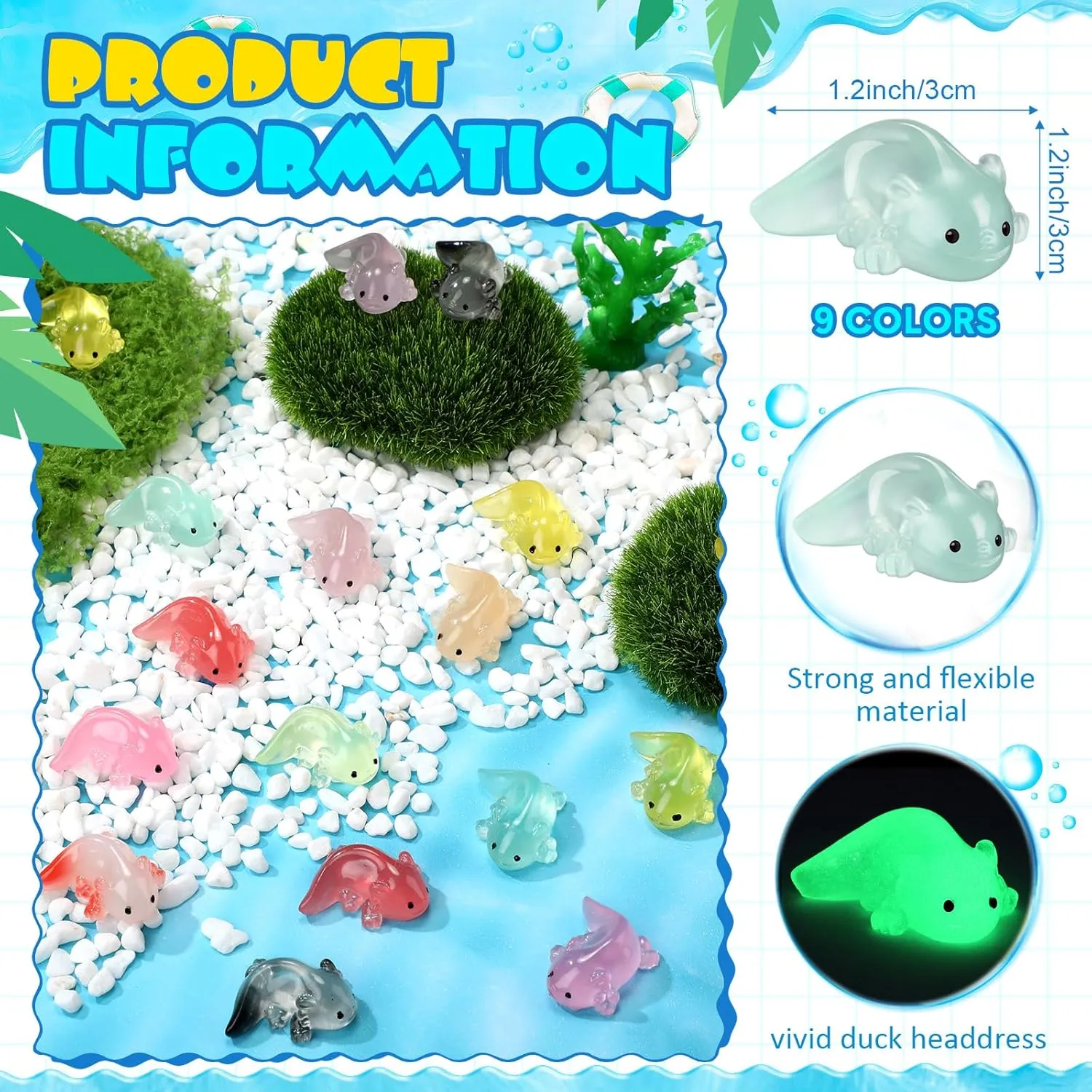 54 Pcs Glow in The Dark Mini Resin Axolotl 1.2 Inch Figurine Small Charm Ornament for DIY Craft Dollhouse Ornament Potted Plants Decorations Axolotl Tank Decoration