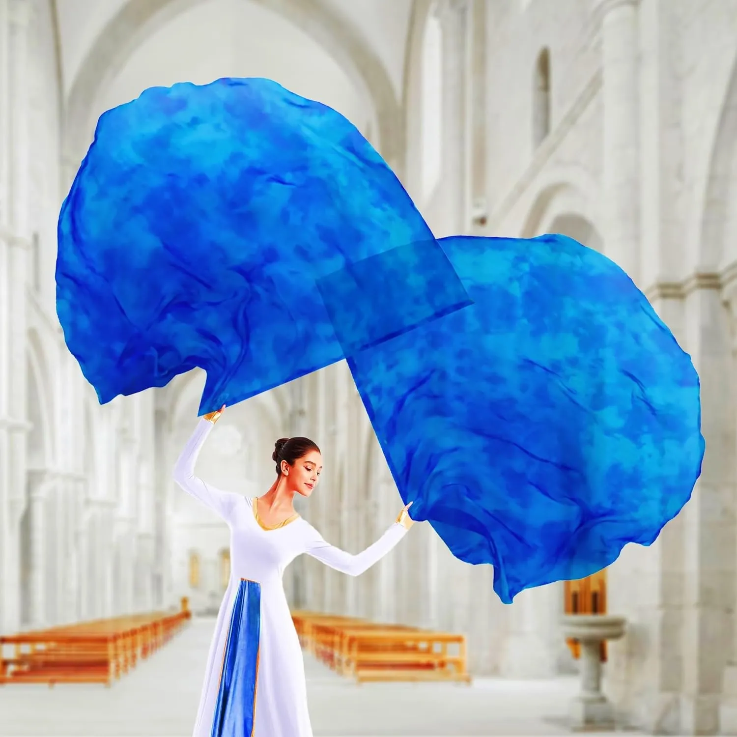 54"x54" Worship Flags for Dance Church, Praise Dance Flags for Worship, Silk-like Chiffon Flag with Flexible Rods & Storage Bag, Set of 2, Navy-Blue