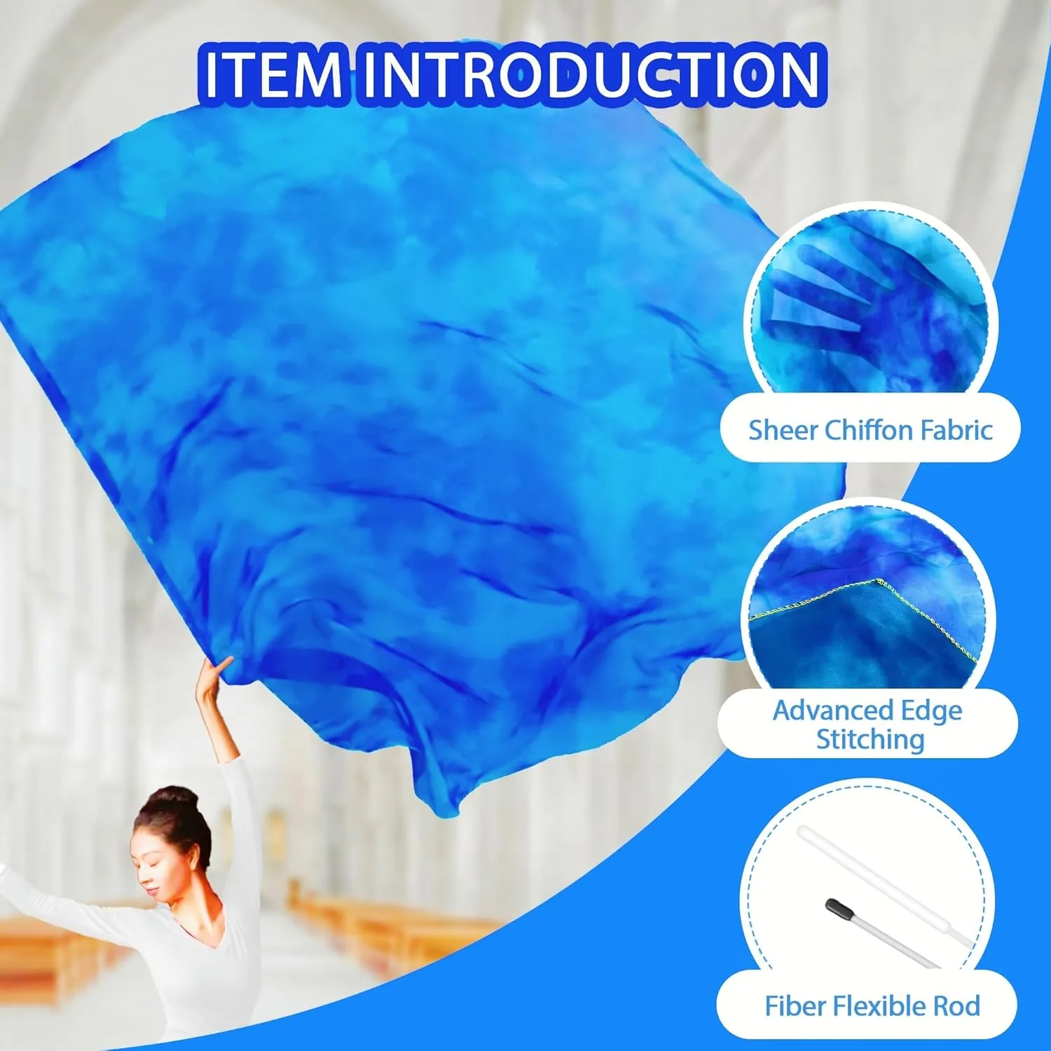 54"x54" Worship Flags for Dance Church, Praise Dance Flags for Worship, Silk-like Chiffon Flag with Flexible Rods & Storage Bag, Set of 2, Navy-Blue