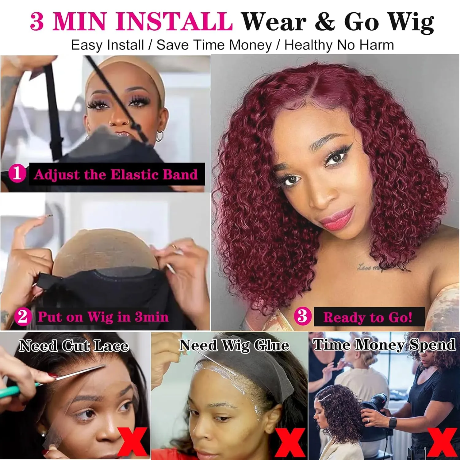 5×5 Closure Bob Wig Human Hair Glueless Wigs Human Hair Pre Plucked Pre Cut Short Curly Wig Water Wave Middle Part 99j Red Wigs for Women Lace Frontal Wigs for Black Women 12 Inch